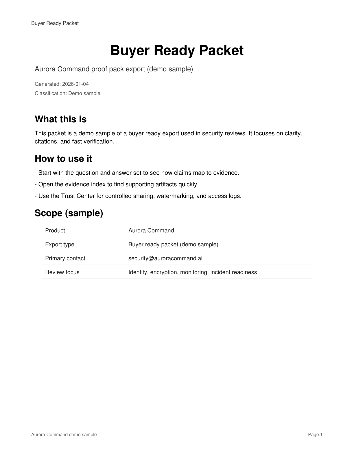 Preview image showing a buyer ready packet index sample page.