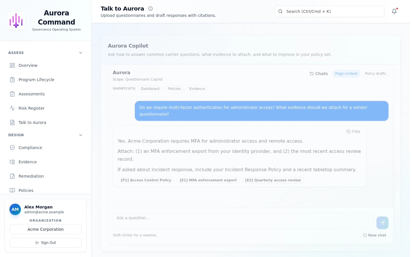 Aurora Command's AI-powered export packet builder interface showing how answers are drafted with linked evidence citations for buyer verification