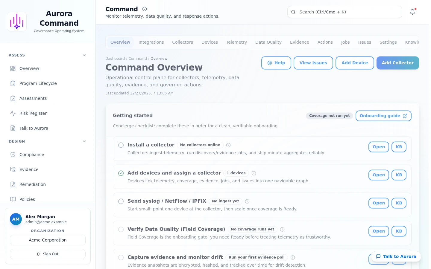 Aurora Command framework mapping interface showing control coverage across multiple compliance standards and frameworks