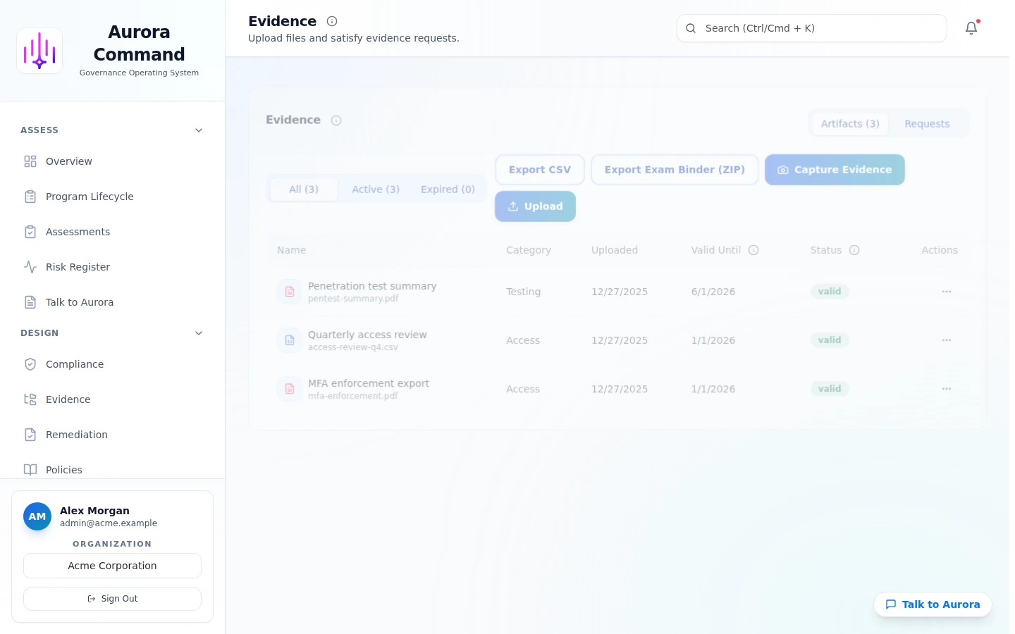 Aurora Command evidence binder dashboard showing export-ready proof artifacts with timestamps and one-click export functionality.