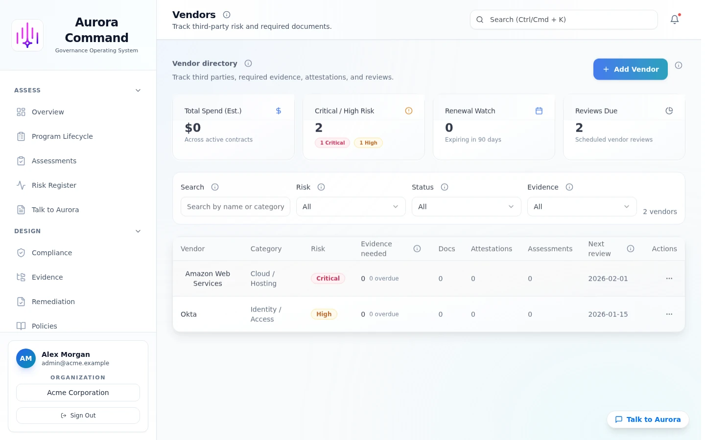 Aurora Command vendor management dashboard for tracking security assessments, due diligence status, and vendor documentation